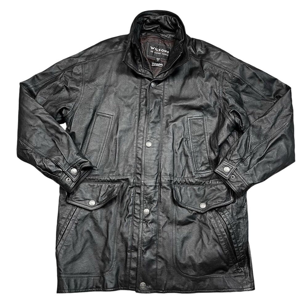 Vintage Wilsons Leather Jacket Medium Thinsulate Black Bomber 90s Snap Pockets